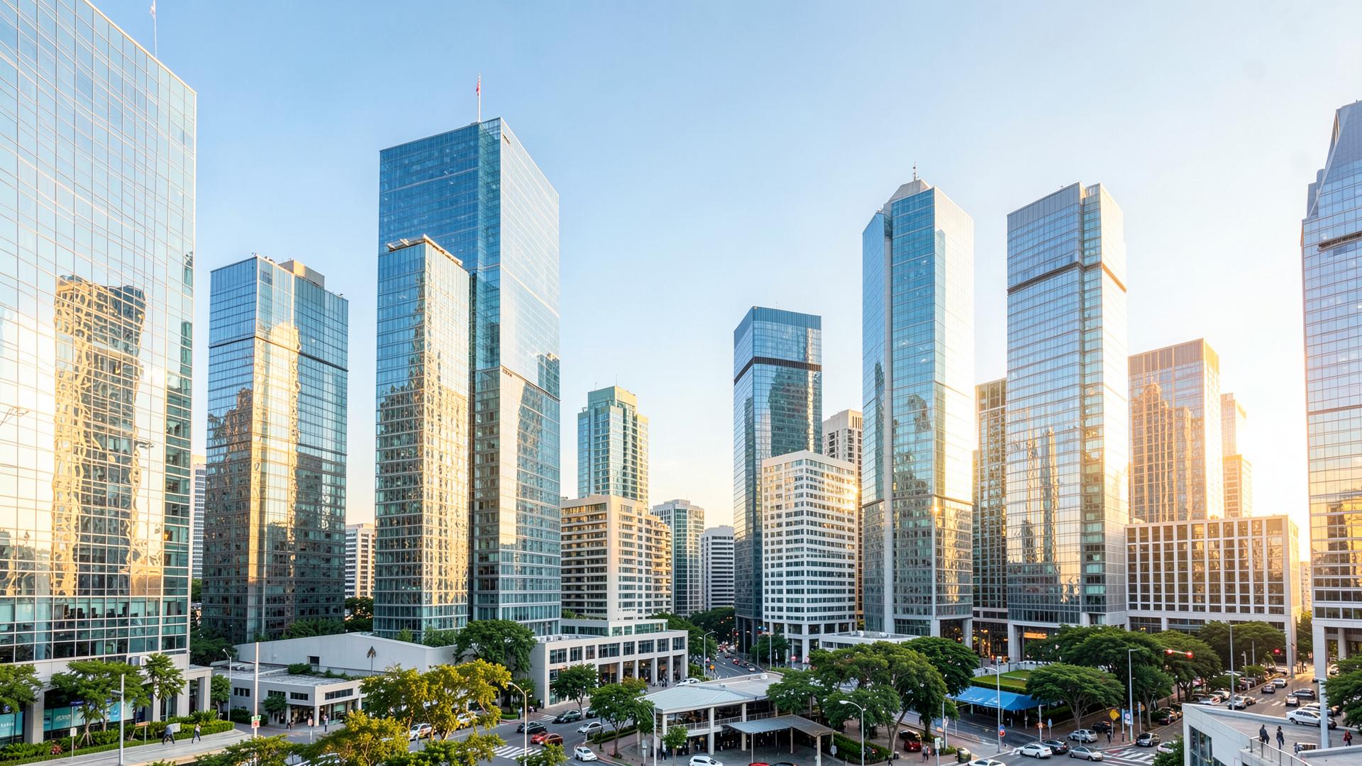 Modern city skyline at sunrise